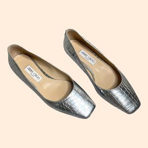 Jimmy Choo Silver Croc-Embossed Leather Ballet Flats